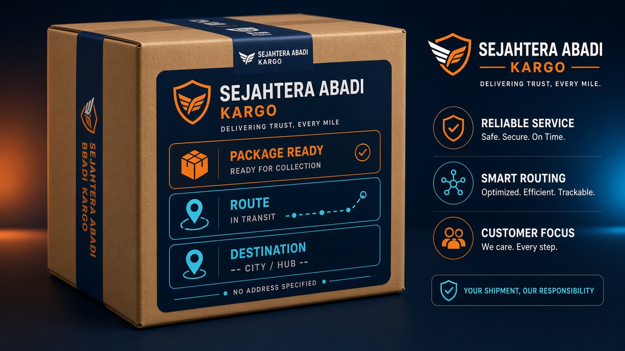 Sejahtera Abadi Kargo ilustrasi detail paket dan label pengiriman konseptual
